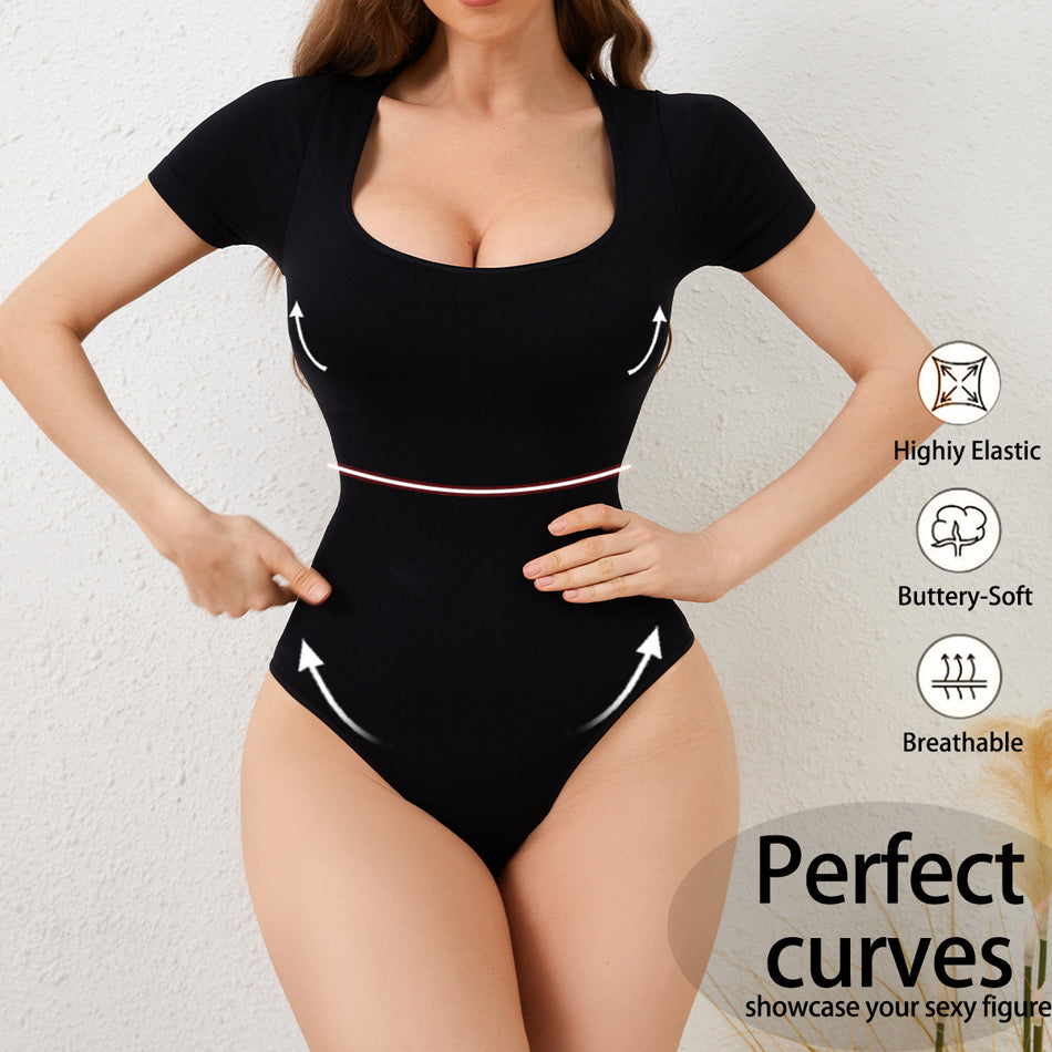 Seamless Square Neck Short-Sleeve Shapewear Bodysuit