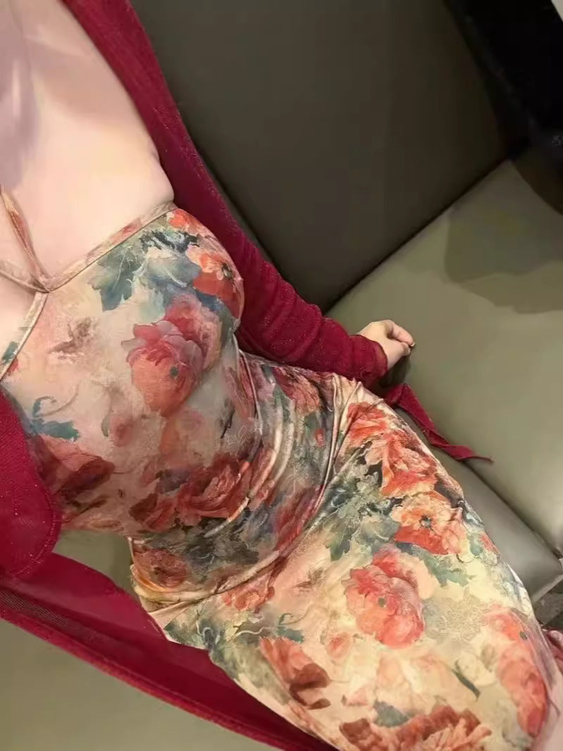 Women's Floral Cheongsam-Inspired Dress with Mesh Shawl