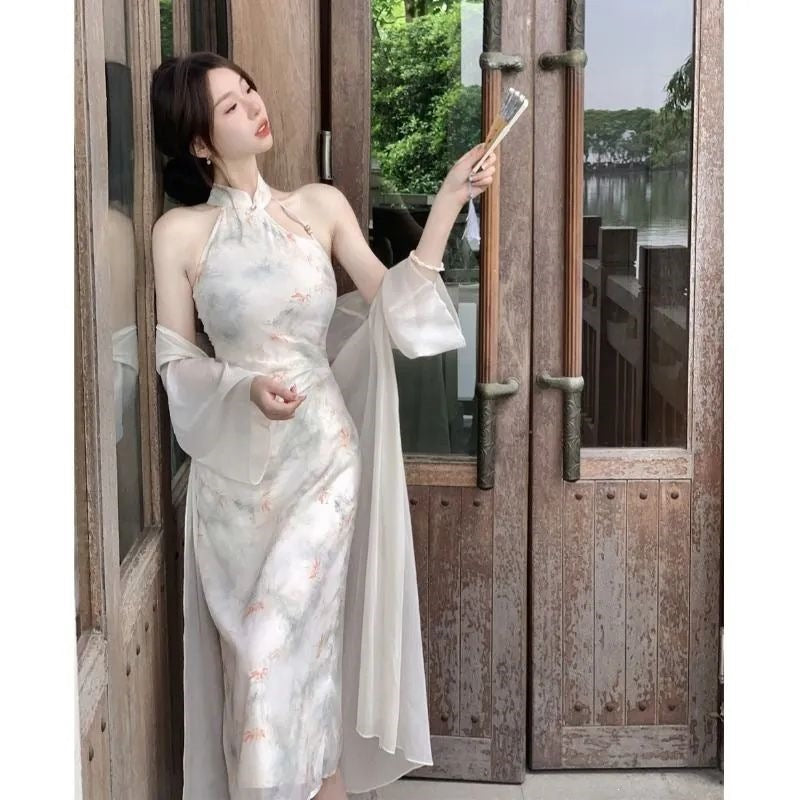Women's Chinese-Inspired Halter A-Line Dress with Shawl