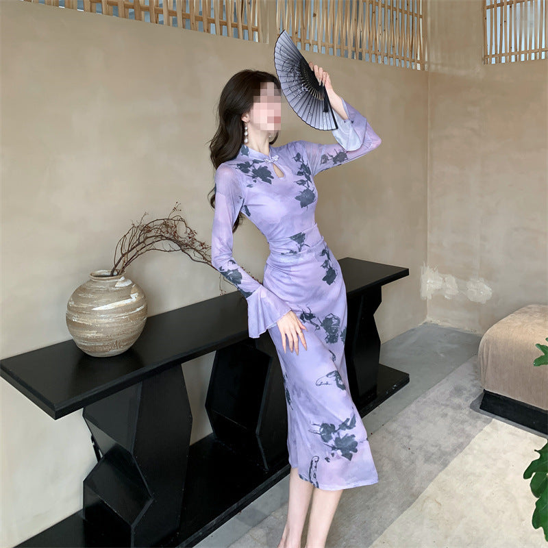 Women's Purple Printed Cheongsam Dress with Flared Sleeves