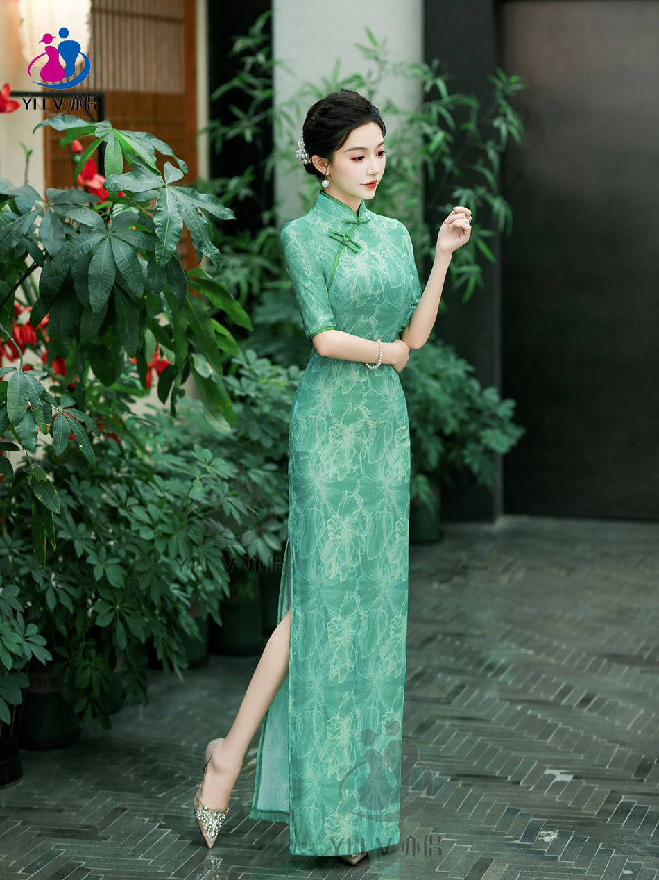 Women's Retro Long Cheongsam Dress with Plaid Print