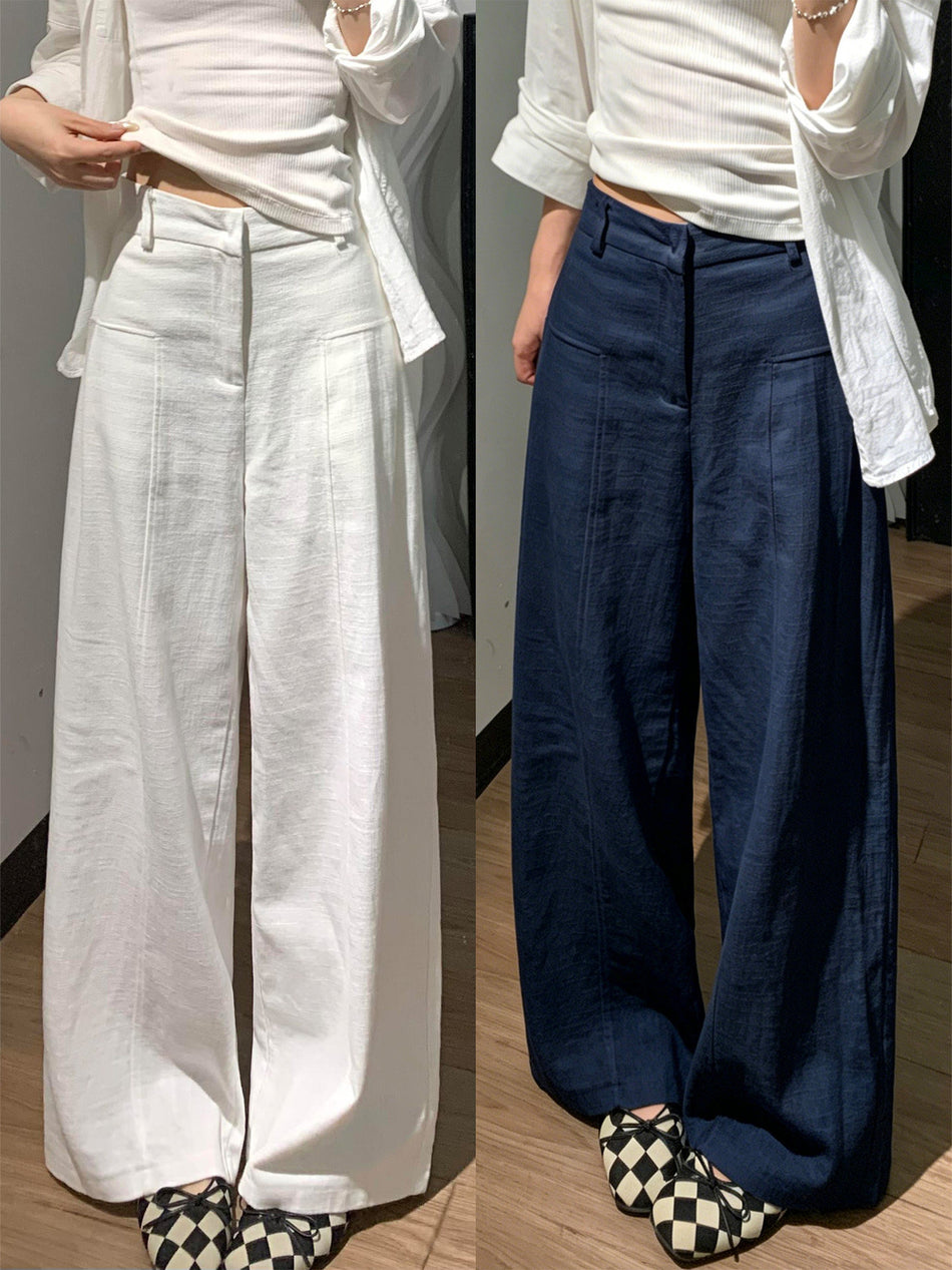 White Linen Wide-Leg Pants for Women, High-Waisted Old Money Style