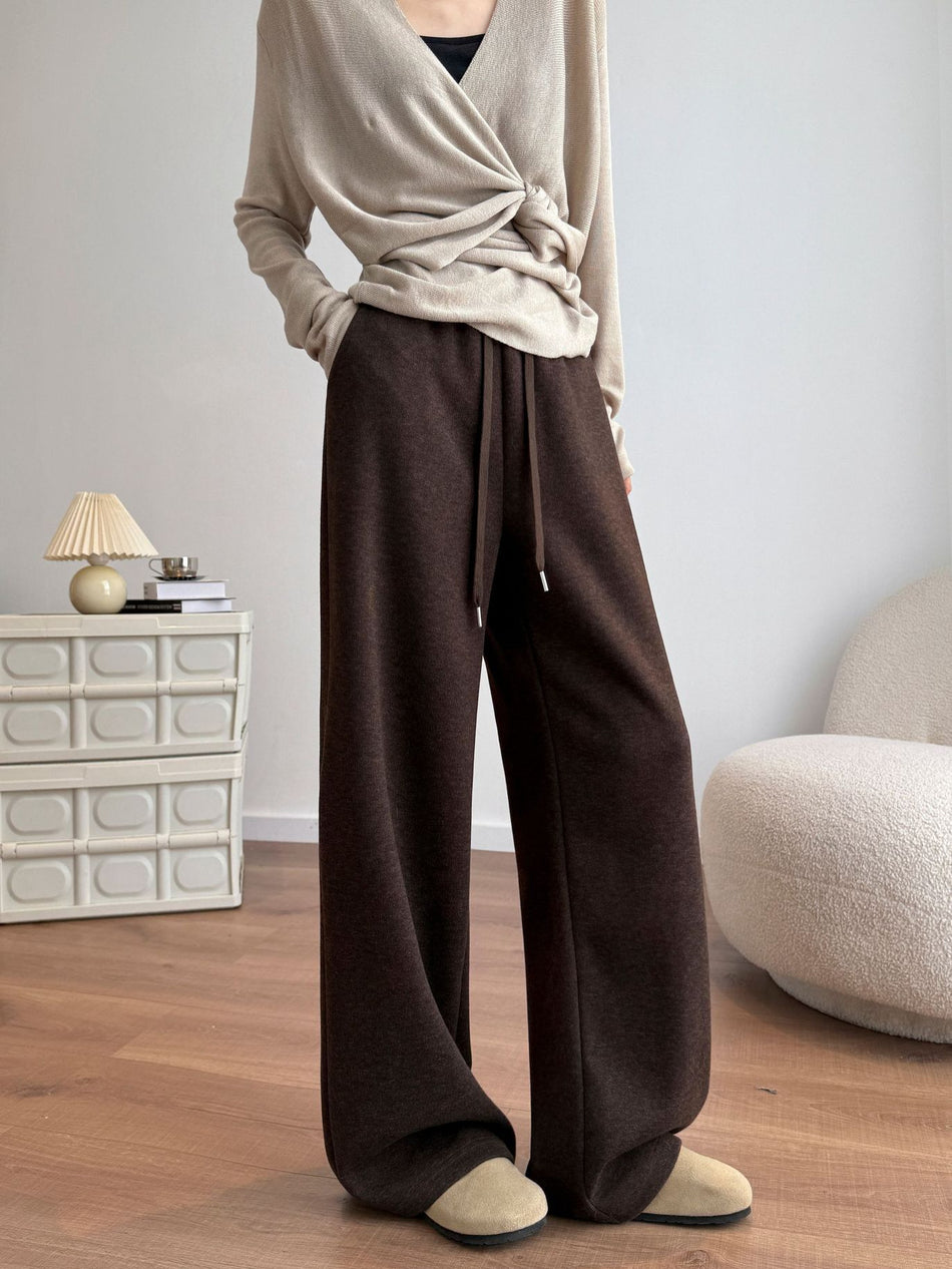 Wool Blend Wide-Leg Pants for Women, High-Waisted Draped Trousers