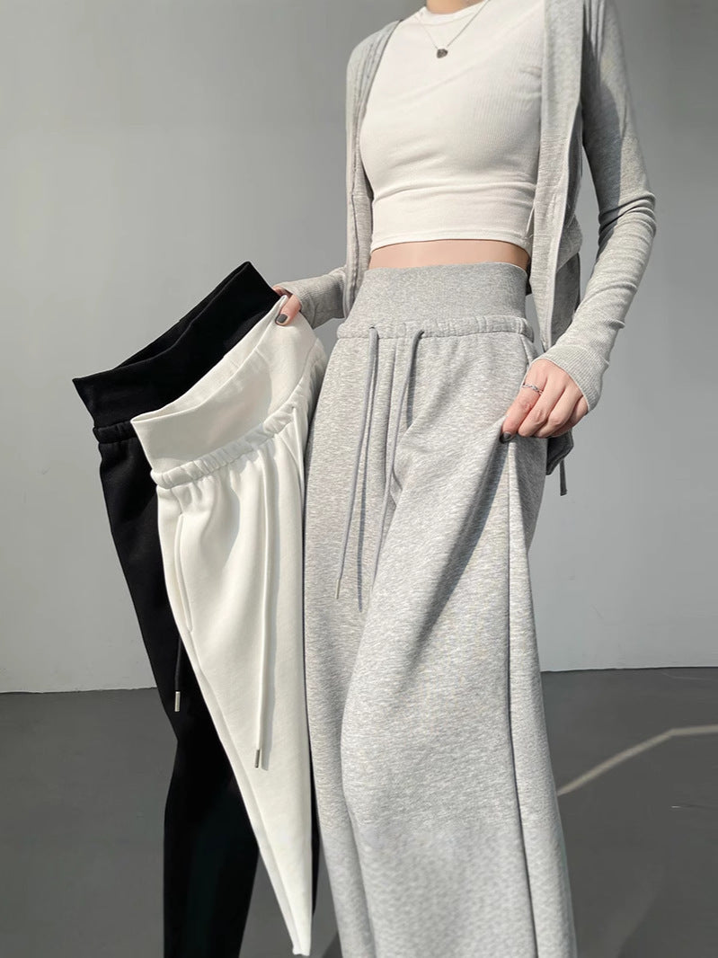 Gray High-Waisted Wide-Leg Pants for Women, Draped Casual Trousers