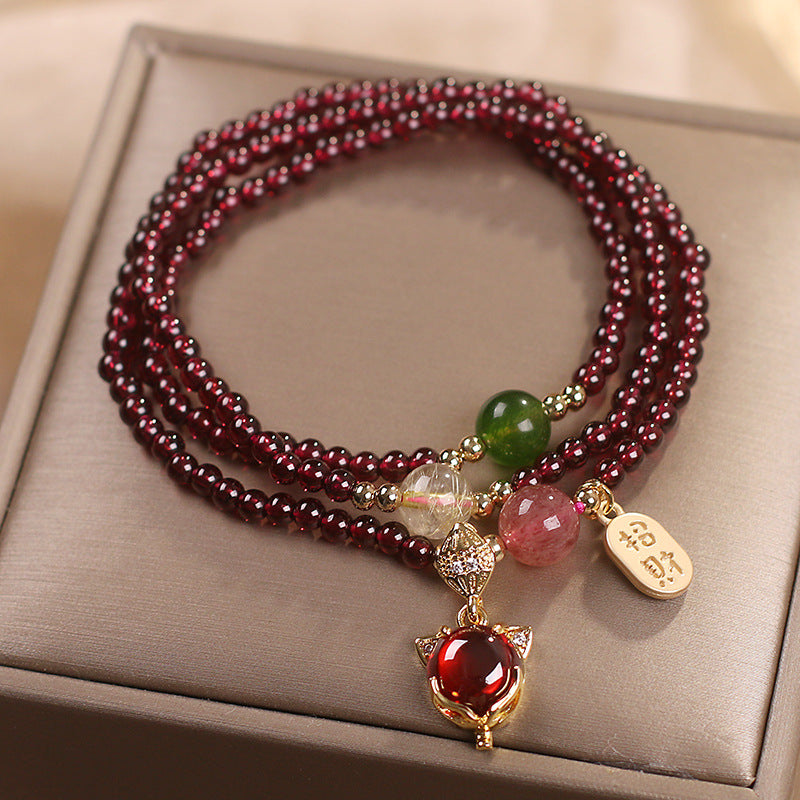 Natural Garnet Crystal Fox Bracelet, Multi-Layered Jewelry for Women
