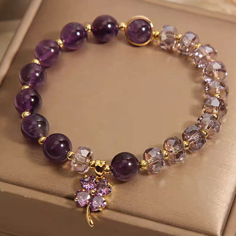 Natural Amethyst Four-Leaf Clover Bracelet with Purple Zircon