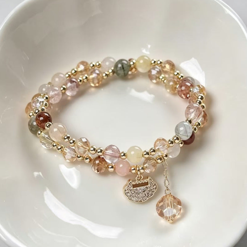 Double-Layer Red Agate Crystal Bracelet with Longevity Lock Charm