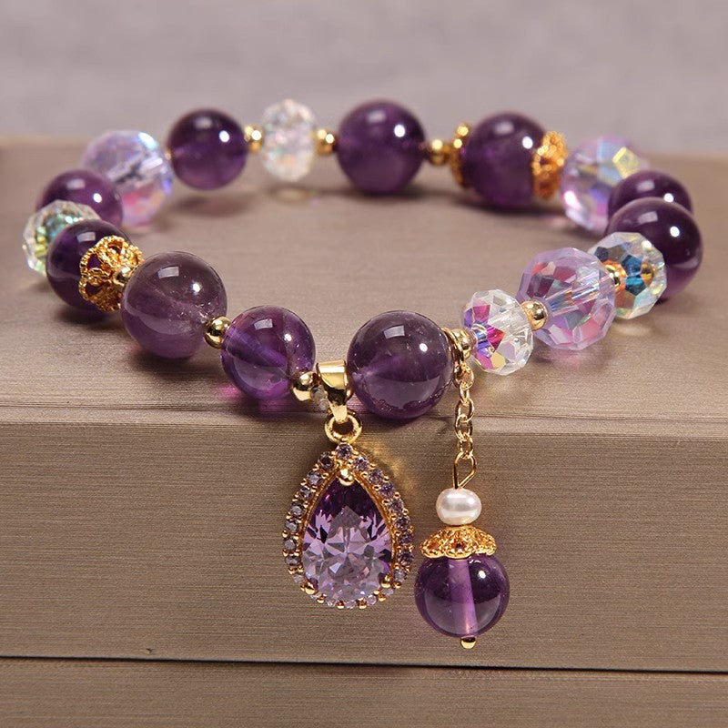 Amethyst Pearl Tassel Bracelet for Women, Korean-Inspired Crystal Jewelry