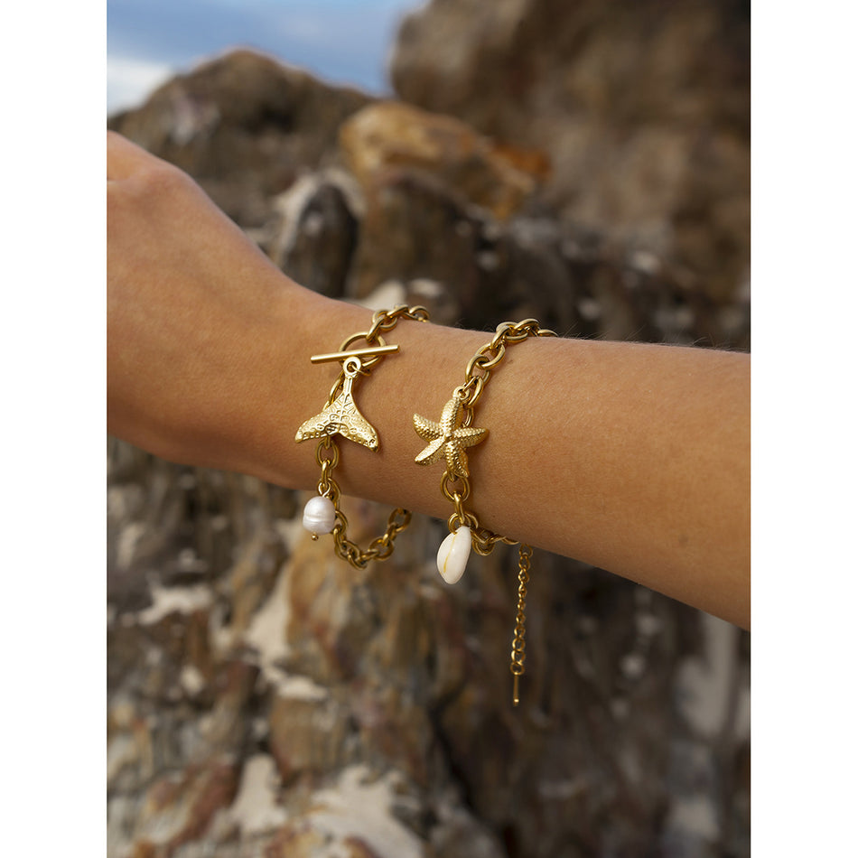 18K Gold Starfish Shell Titanium Steel Bracelet for Women, Marine Jewelry