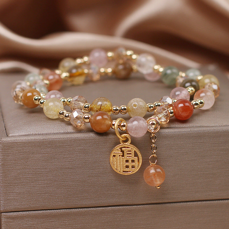 Natural Colorful Hair Crystal Bracelet with Strawberry Crystal Lock Charm