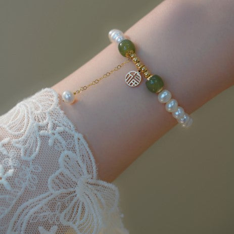 Freshwater Pearl and Red Agate Bracelet, Korean-Inspired Gold Fortune Jewelry