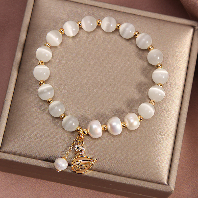 Opal Swan Bracelet, Korean-Inspired Crystal Jewelry with 8mm Beads