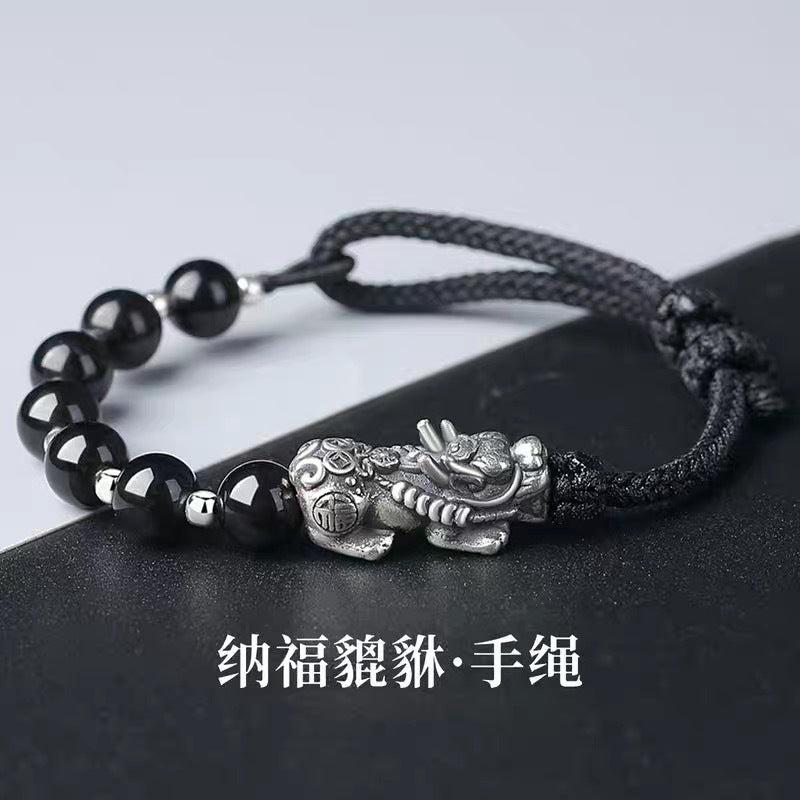 Obsidian Silver-Plated Bracelet, Minimalist Unisex Jewelry