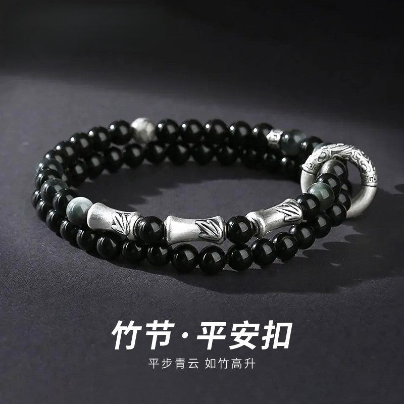 Silver-Plated Bamboo Obsidian Bracelet with Double-Layer Safety Buckle