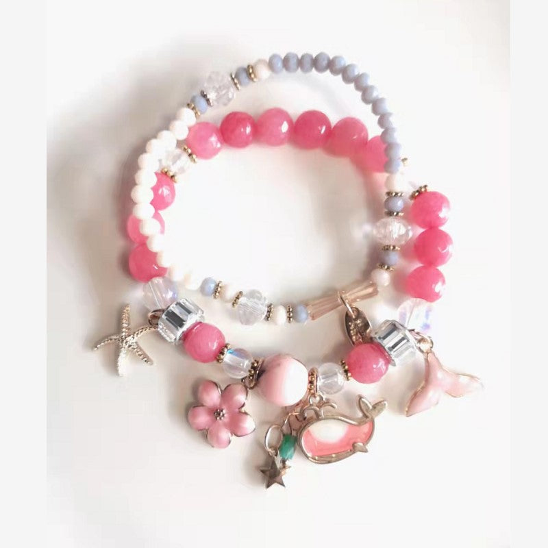 Double-Layer Crystal Whale Tail Bracelet with Starfish and Floral Charms