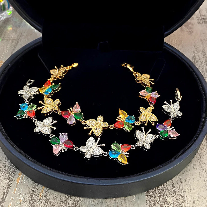 Colorful Zircon Butterfly Bracelet, Korean-Inspired Gold and Silver Jewelry
