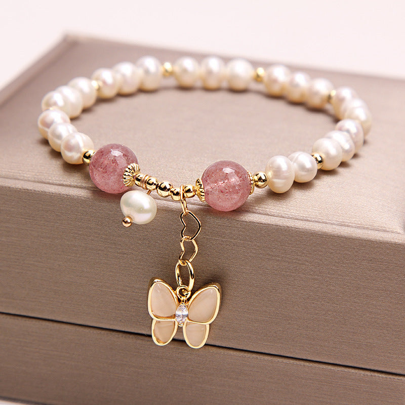 Freshwater Pearl Strawberry Crystal Butterfly Bracelet for Women