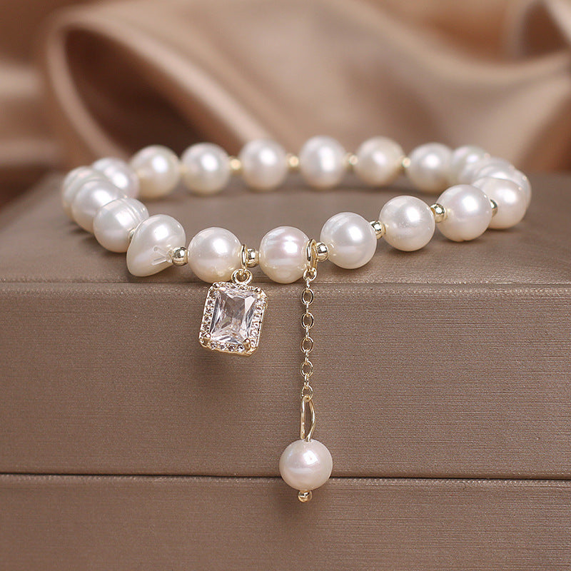 Freshwater Pearl Crystal Tassel Bracelet, Korean-Inspired Geometric Jewelry