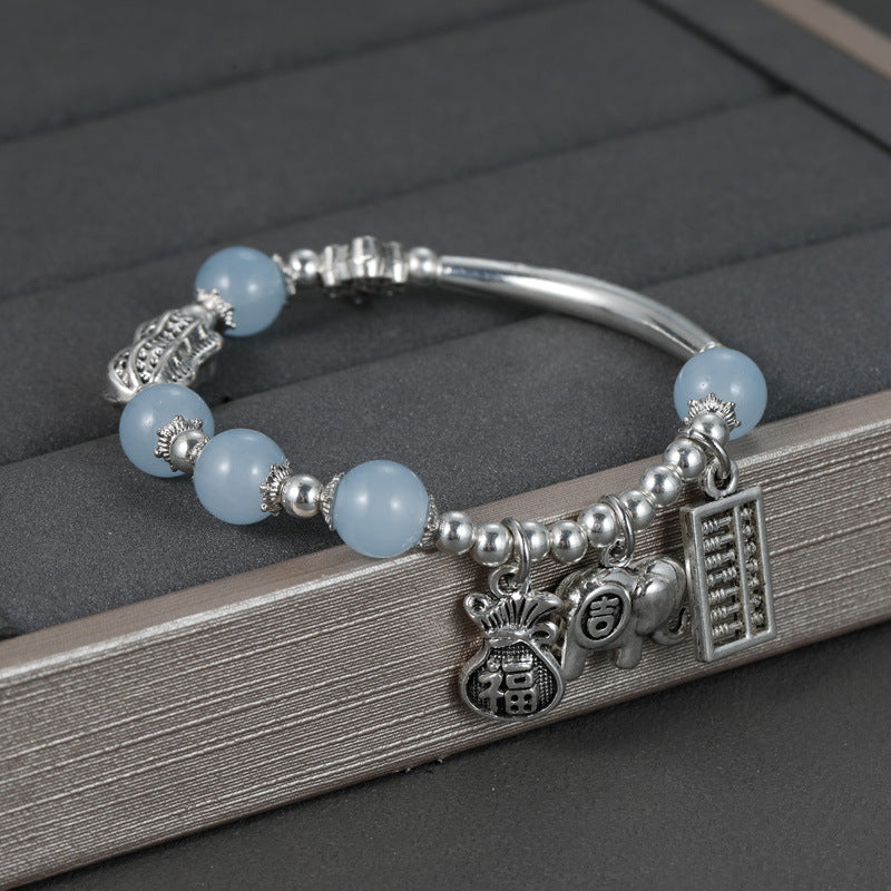 Handmade Silver Elephant Peanut Bracelet, Retro Chinese-Inspired Jewelry