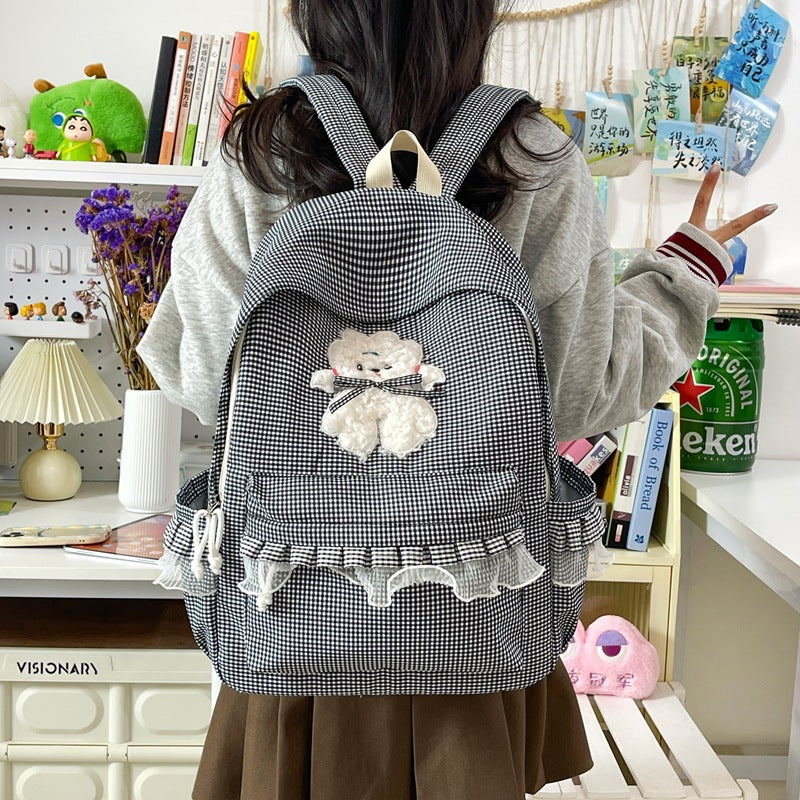 Girls’ Cute Plaid Nylon School Backpack with Lace Trim and Bear Detail