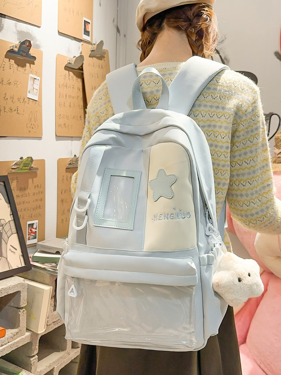Light Blue Nylon School Backpack for Girls with Color-Block Design