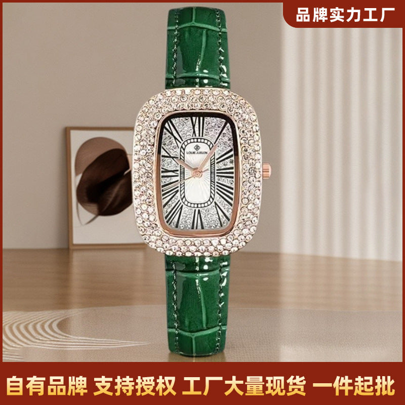 Small Green Rectangle Watch with Genuine Leather Strap