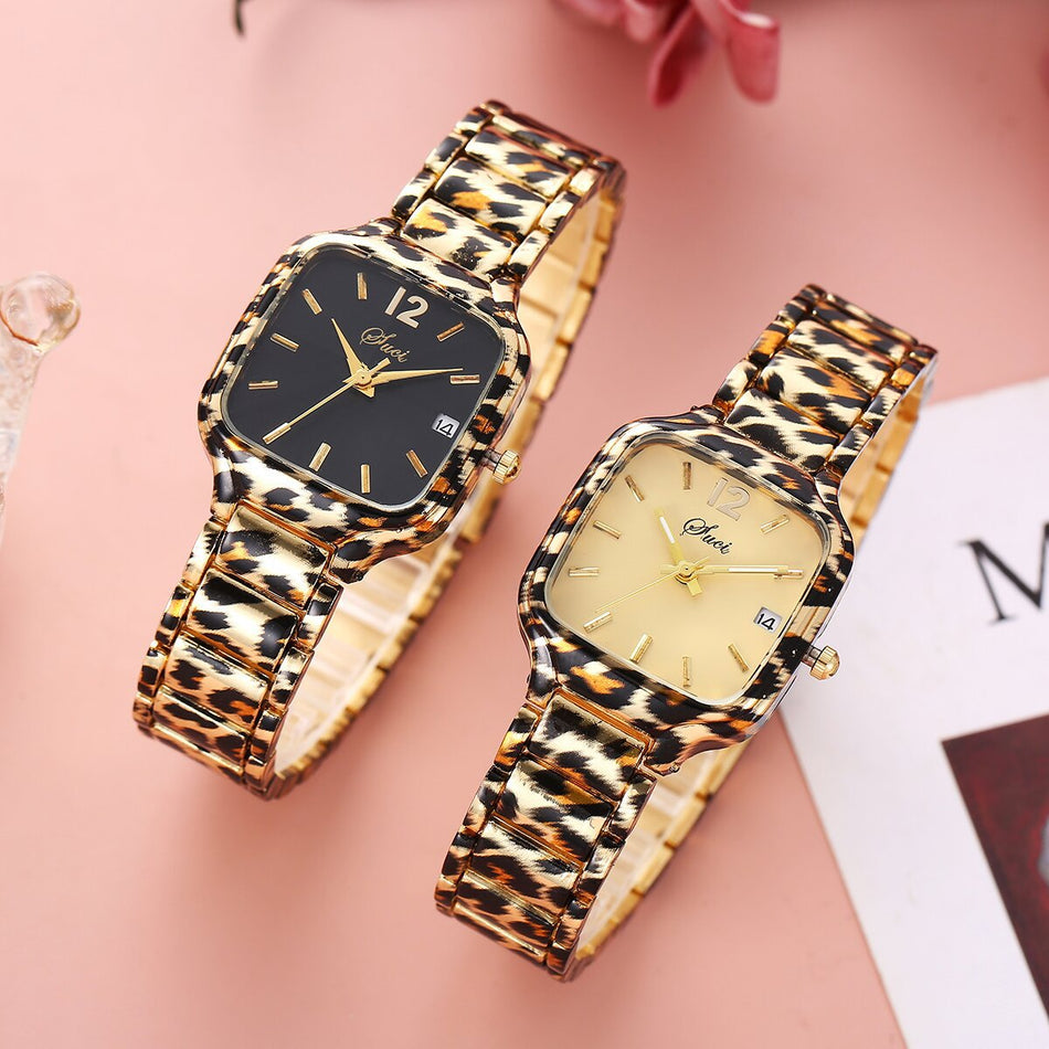Leopard Print Square Quartz Watch for Women