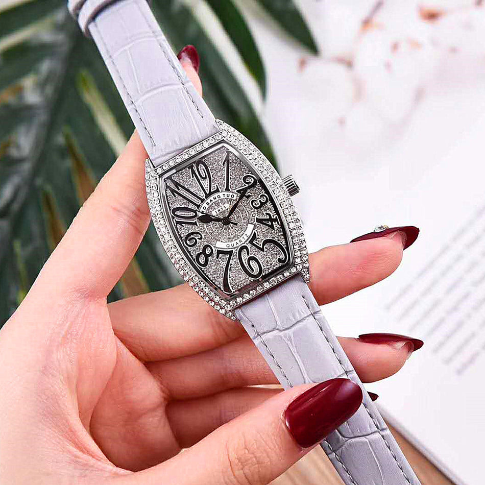 Diamond Detail Barrel Watch with Genuine Leather Strap