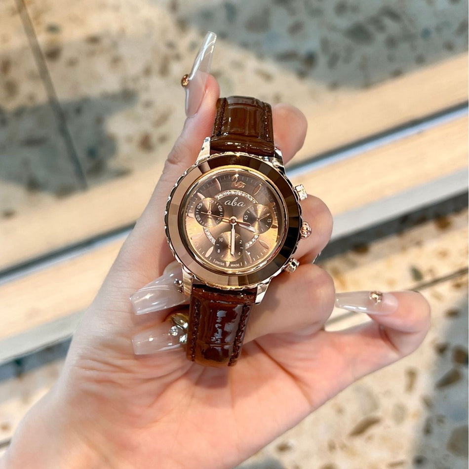Three-Eye Diamond Detail Watch with Leather Strap