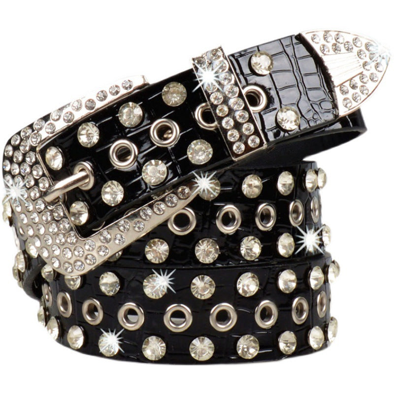 Rhinestone Wide Imitation Leather Belt with Pin Buckle