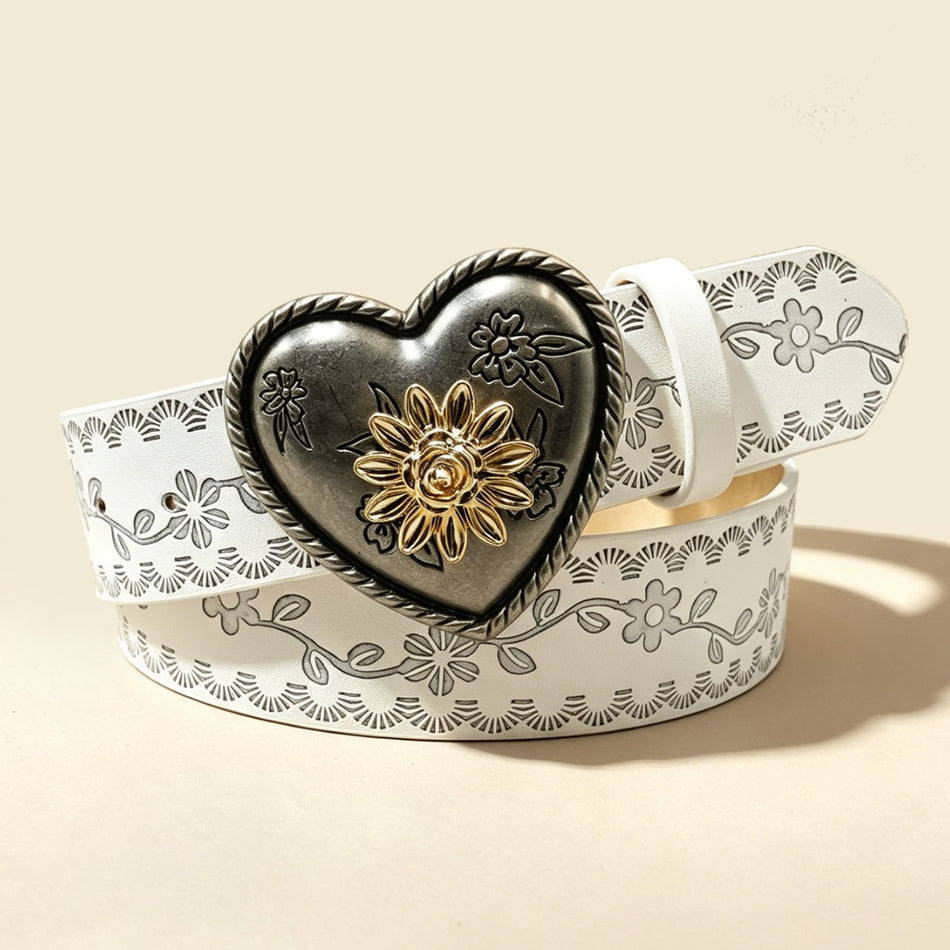 Embossed PU Belt with Floral Diamond Detail for Women