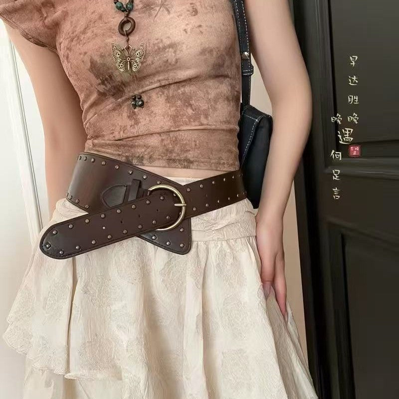 Punk Rivet Wide PU Belt with Vintage Finish for Women