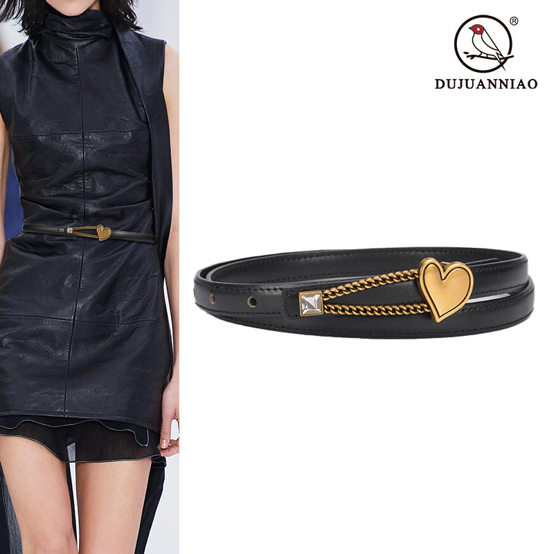 Women's Genuine Leather Heart Buckle Slim Belt – Elegant Fashion Belt