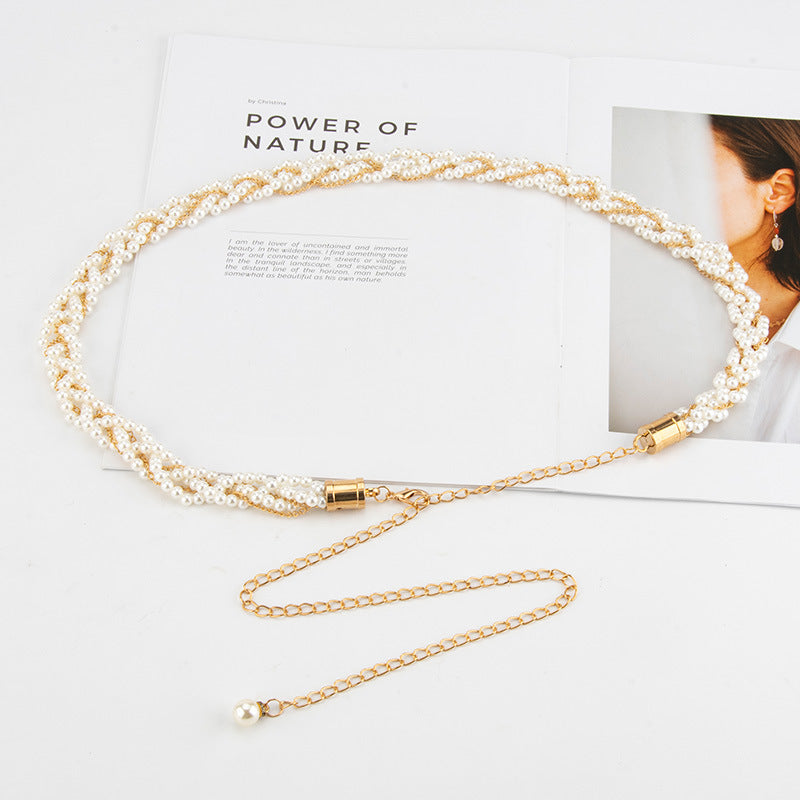 Women's Pearl Chain Waist Belt – Elegant Metal Dress & Sweater Belt