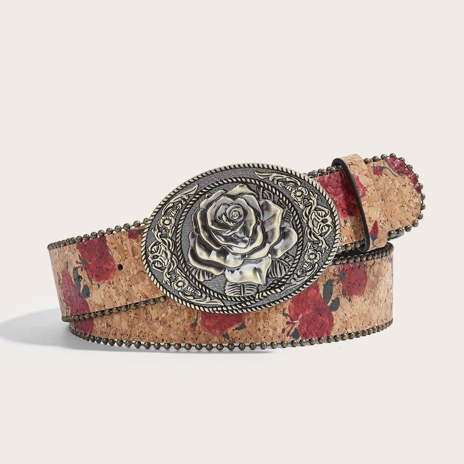 Women's Retro Rose Belt – European Style Printed Beaded PU Jeans Belt