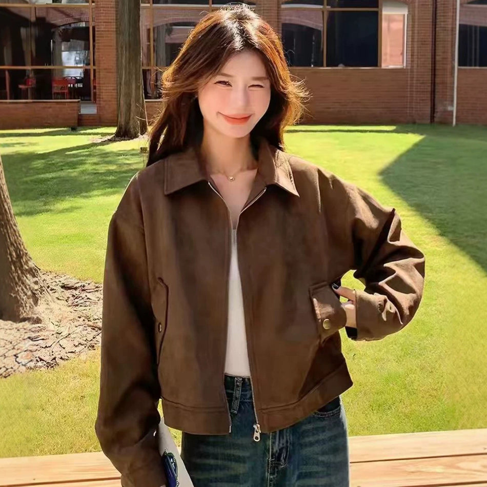 Women's Brown Faux Suede Baseball Collar Jacket