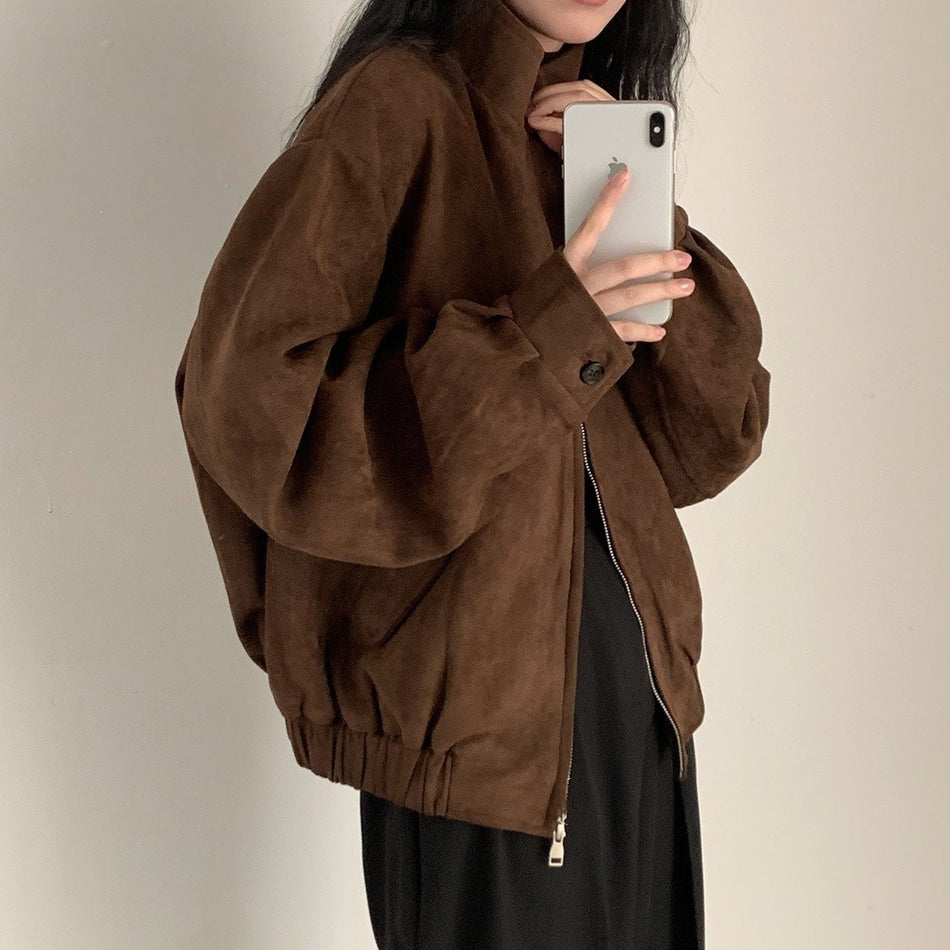Women's Brown Suede Pilot Jacket with Polo Collar