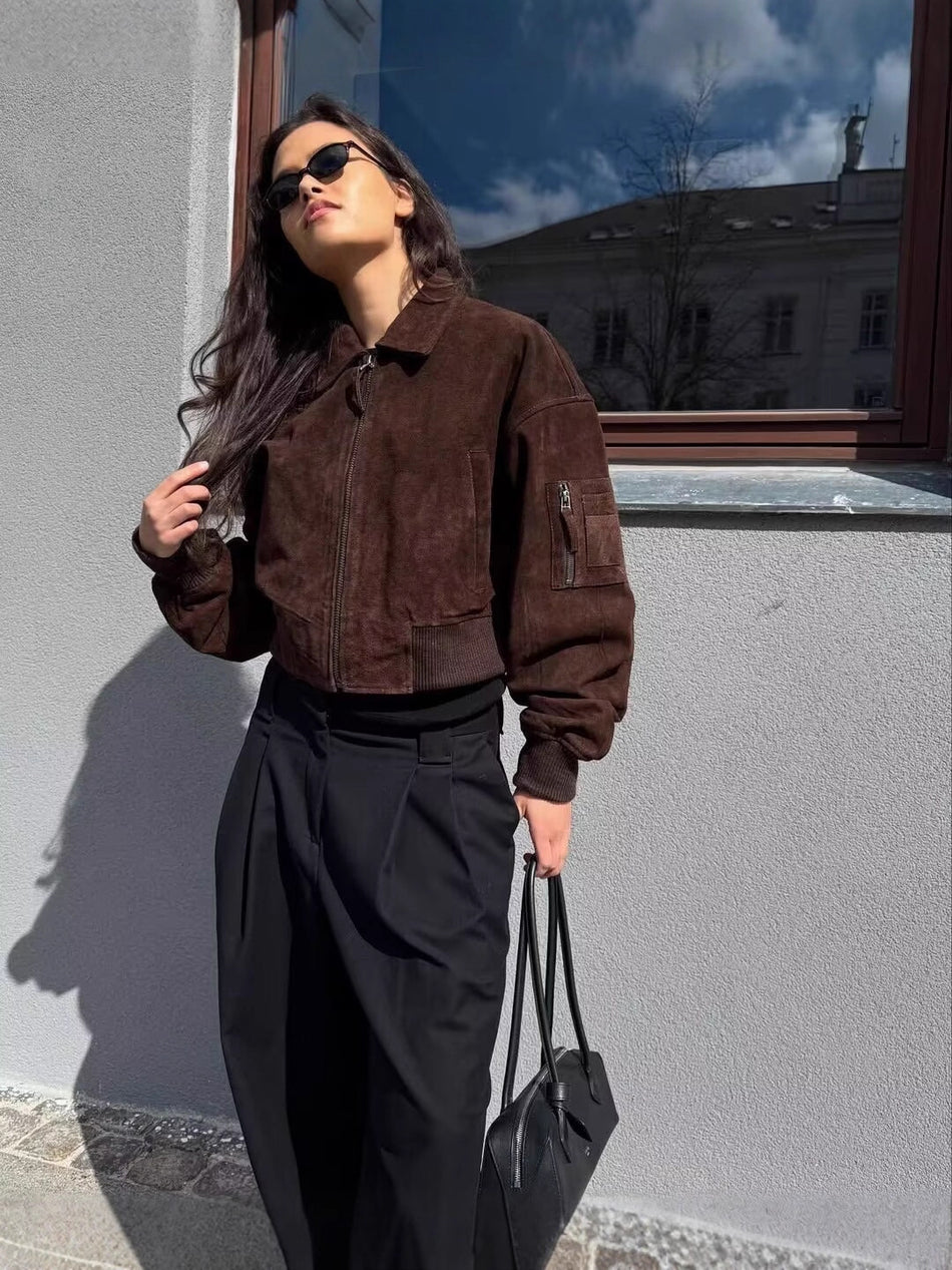 Women's Maroon and Black Suede-Effect Flight Jacket