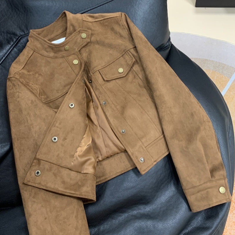 Women's Khaki Faux Suede Slim Fit Short Jacket
