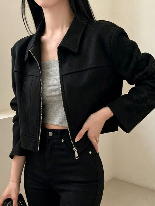 Women's Short Lapel Suede-Effect Motorcycle Jacket