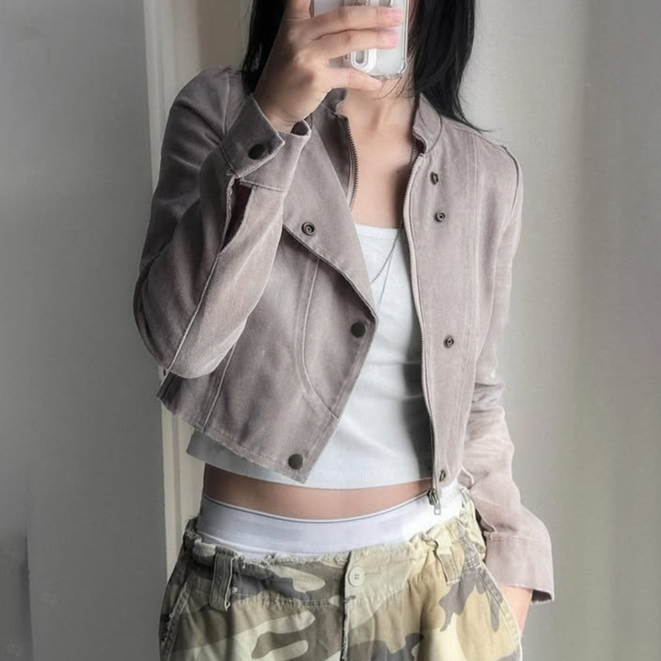 Women's Gray Suede-Effect Slim Stand Collar Jacket