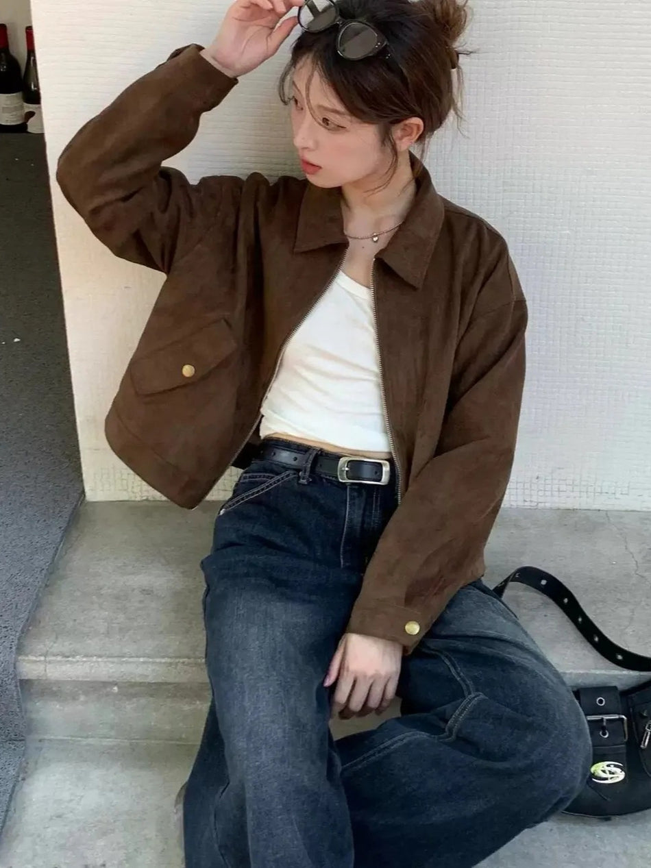 Women's Dark Brown Suede Short Polo Collar Jacket