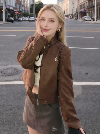 Women's Brown Suede Baseball Jacket with Embroidered Badges