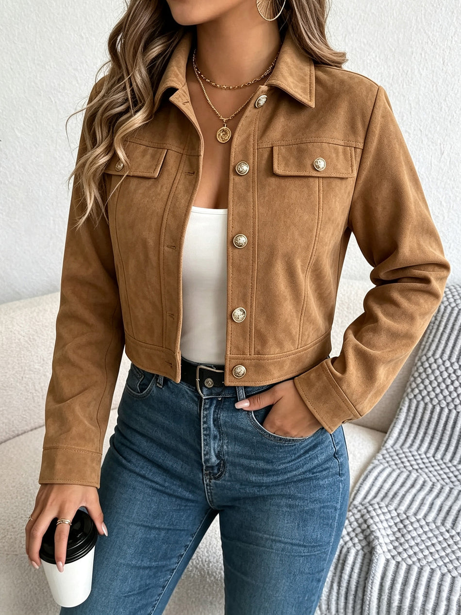 Women's Slim Suede Polo Collar Jacket with Button Front