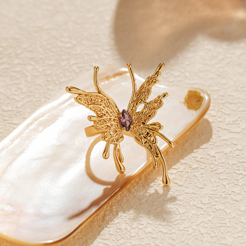 Women's Purple Zircon Butterfly Open Ring