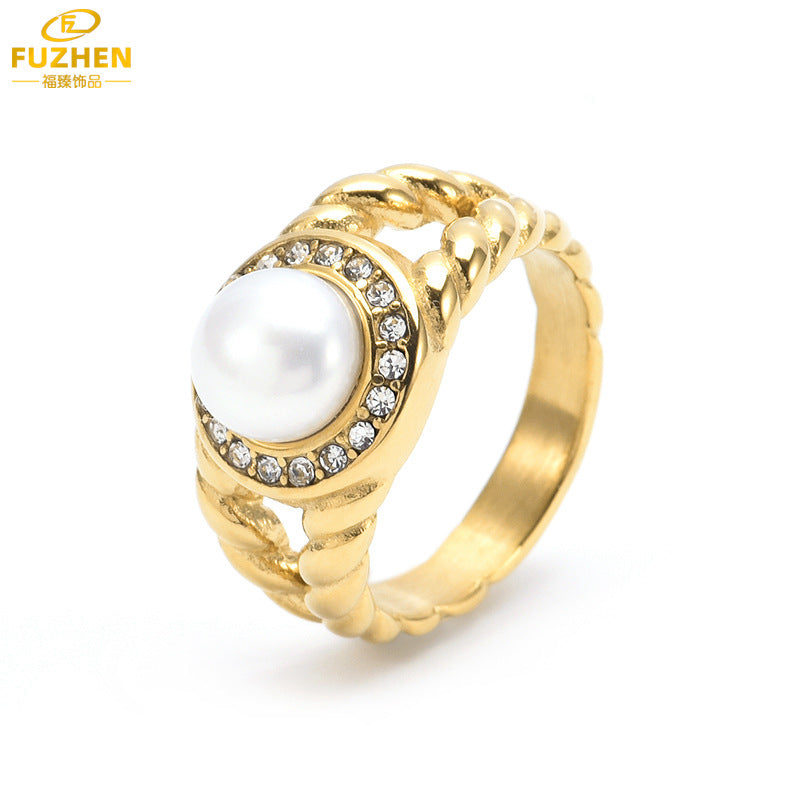 American Retro White Shell Stainless Steel Ring for Women