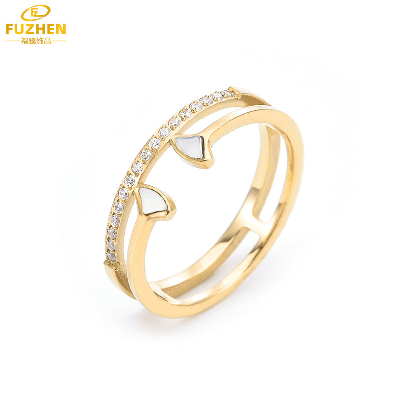 White Mother-of-Pearl Fan-Shaped Double-Layer Ring for Women