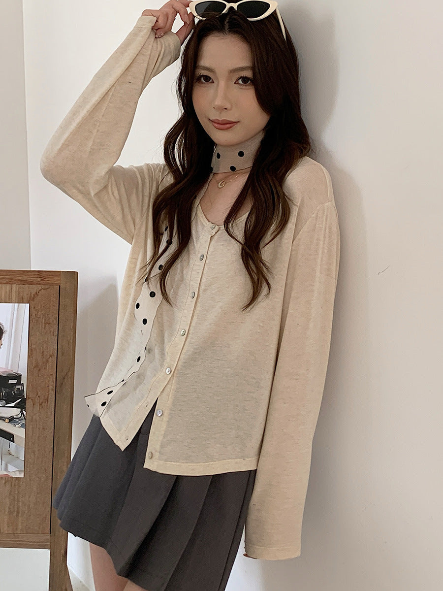 Women's Acetate Tencel Linen Knit Button Cardigan