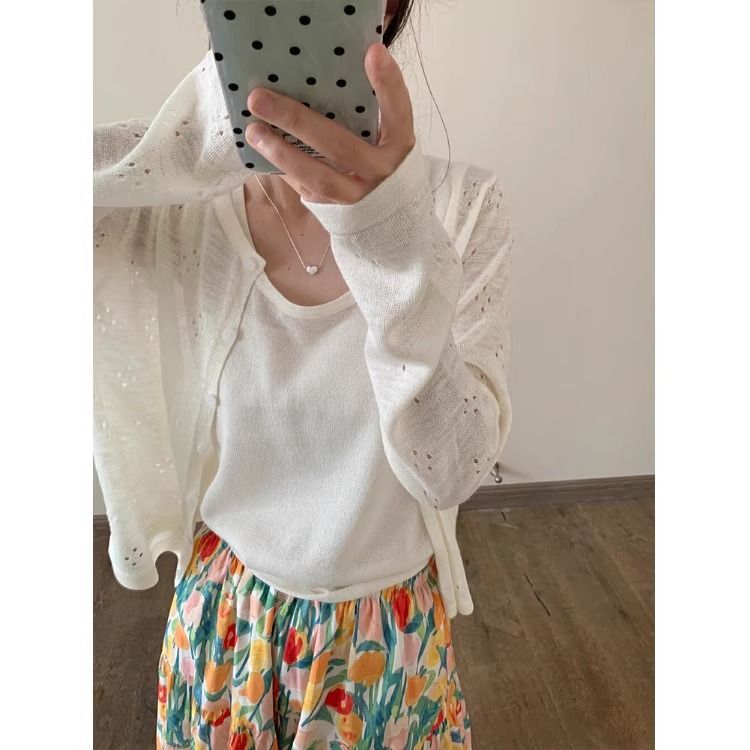 Women's White Crochet Cutout Lightweight Knit Cardigan