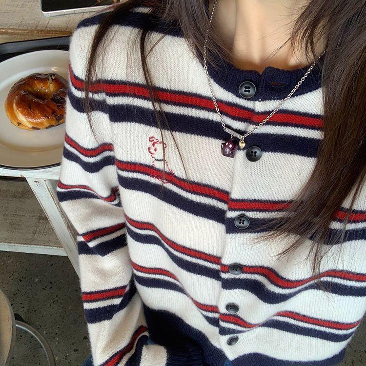 Title: Women's Retro Contrast Stripe Slim Fit Knit Cardigan